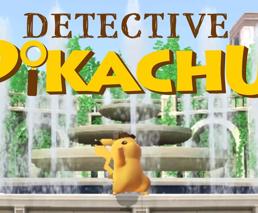 Detective Pikachu with logo on the fountain